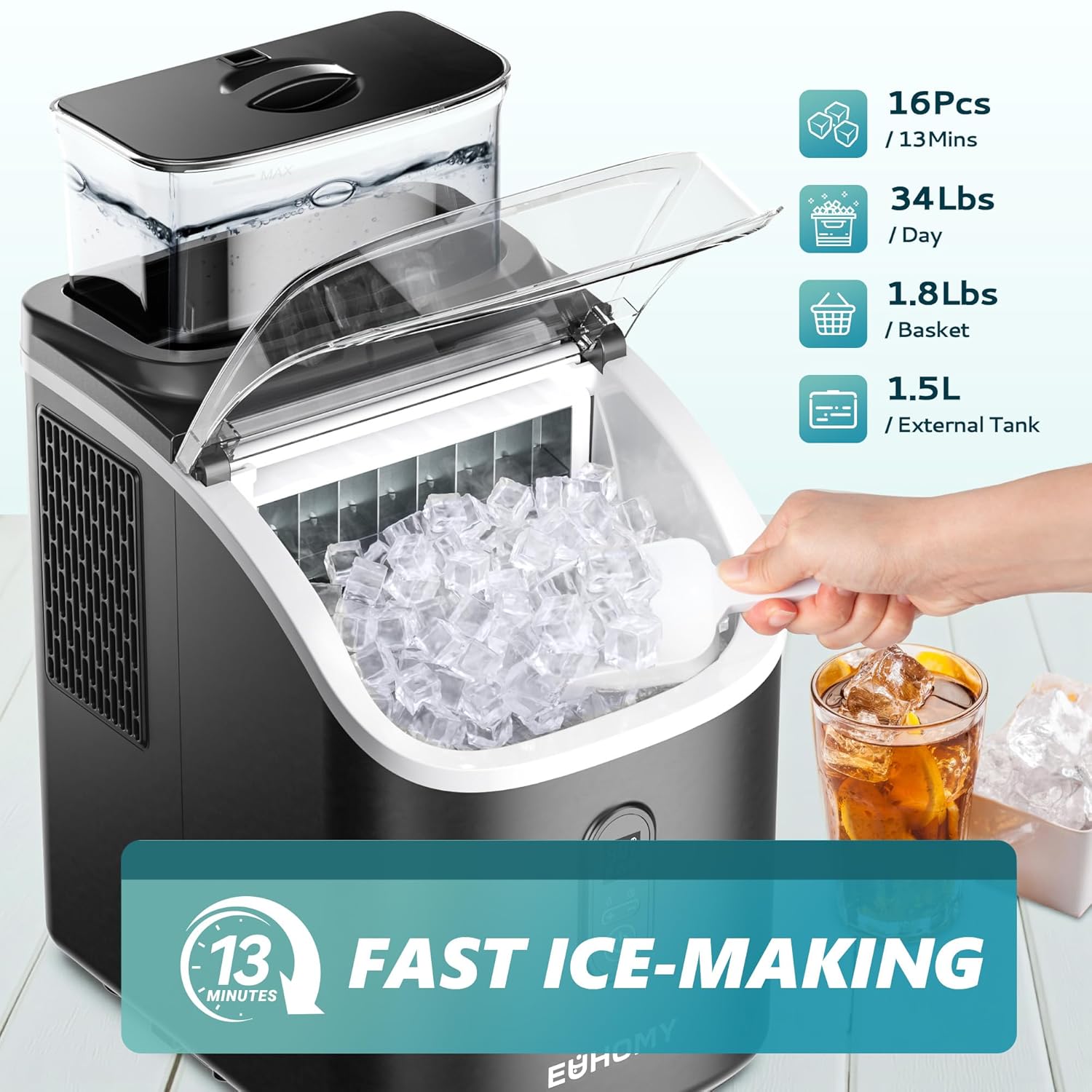 EUHOMY Ice Cube Maker Machine Countertop with External Water Tank, 2 Ways to Add Water, 34Lbs/Day, 16Pcs Ready in 7 Mins, Auto-Cleaning, with Ice Scoop & Basket, for Home/Kitchen/Office/Bar (Black)