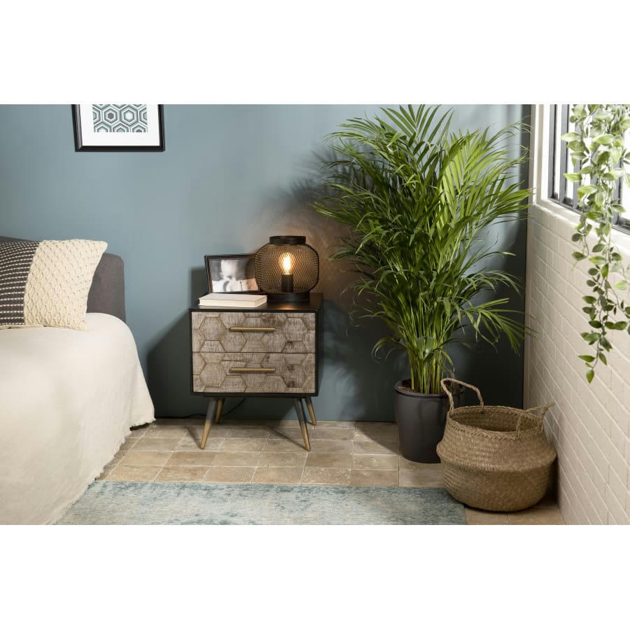 DALIE - Chevet noir 2 tiroirs en sapin marqueté pieds métal doré