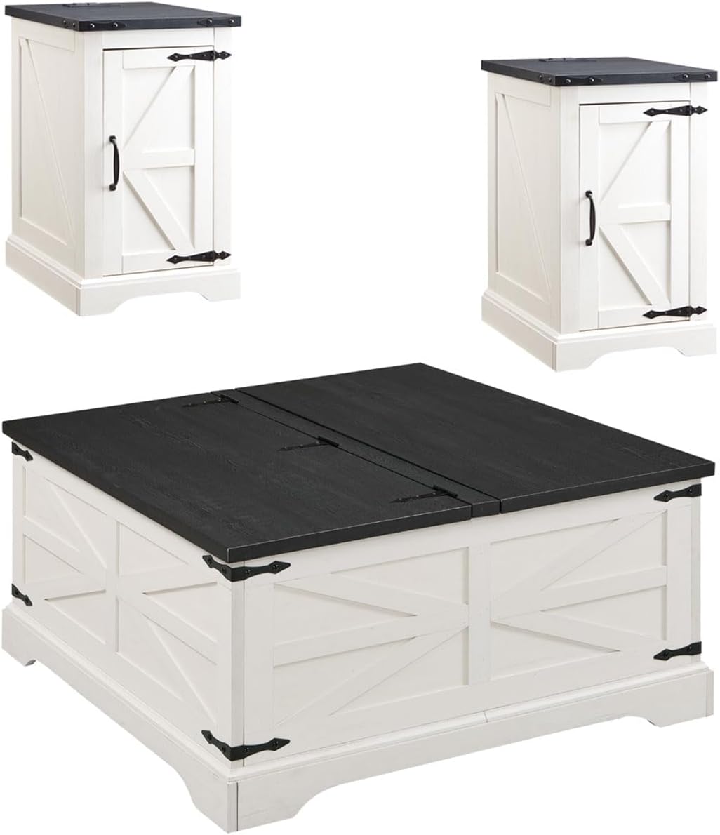 JXQTLINGMU 3-Piece Farmhouse Coffee Table and End Table Sets, Includeds 36 Lift Top Square Coffee Table w/Storage & 2 Rustic Wood End Tables w/Charging Station & Barn Doors for Living Room(White)