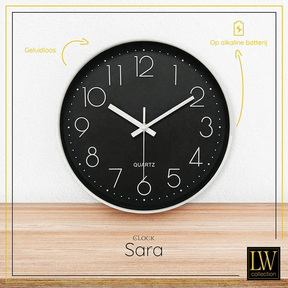 LW Collection Keukenklok Sara zwart wit 30cm