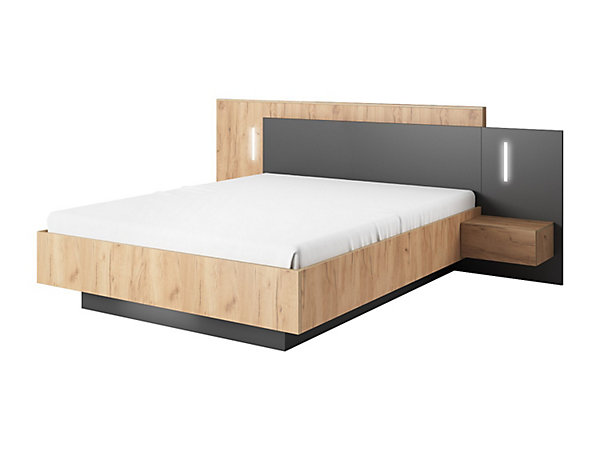 Lit avec chevets 160 x 200 cm - 2 tiroirs - Avec LEDs - Coloris : Naturel et anthracite   Sommier   Matelas Essentiel - FRANCOLI