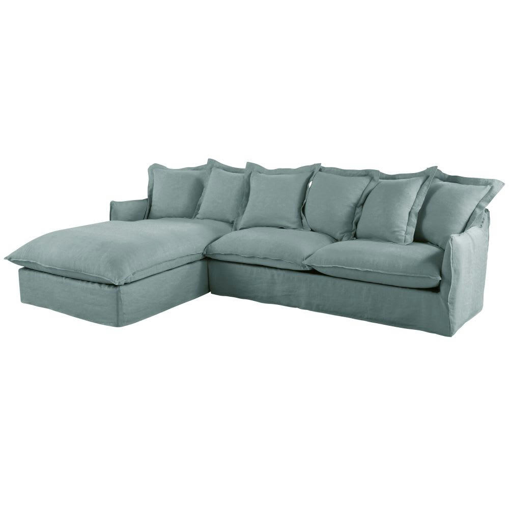 Barcelone - Canapé d'angle gauche convertible 6 places en lin bleu céladon