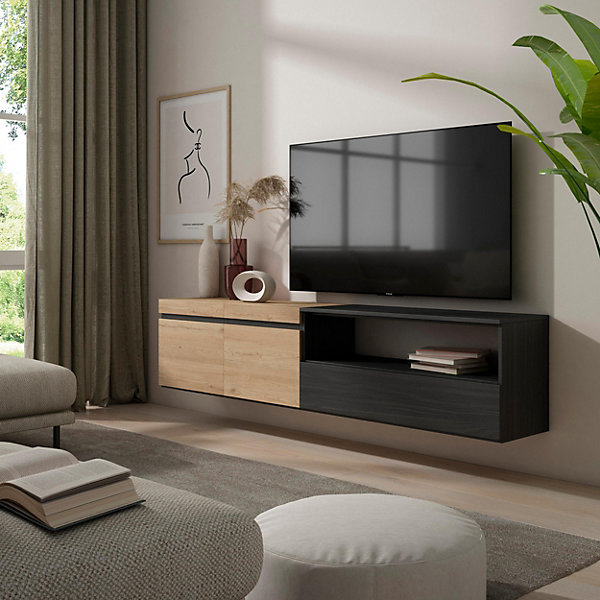 Meuble TV 200x35x45cm suspendu couleur chêne et noir