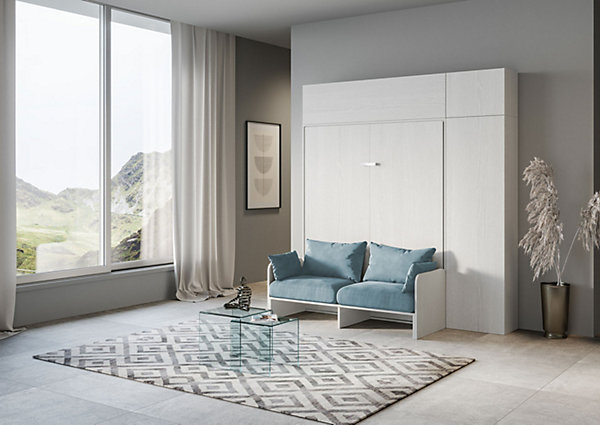 Lit double escamotable Kentaro 160 cm avec canapé et meubles en frêne blanc, bleu clair