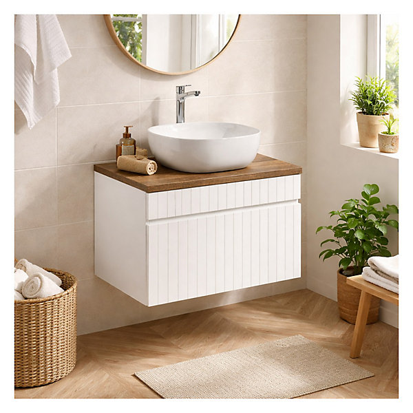 Ensemble ICON blanc : meuble sous vasque 60cm et plan pour vasque aspect bois foncé