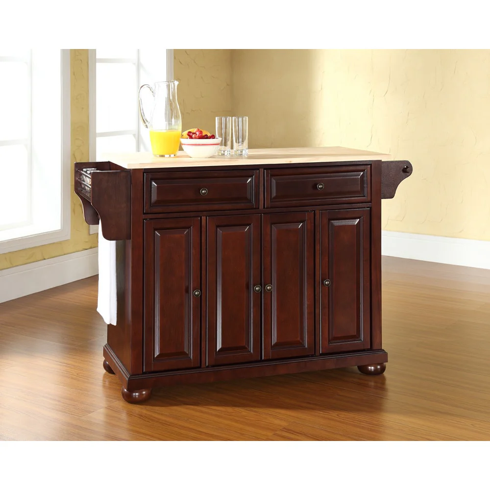 Crosley Alexandria Natural Wood Top Kitchen Island in Vintage Mahogany Finish - 51.5 W x 18 D x 34 H