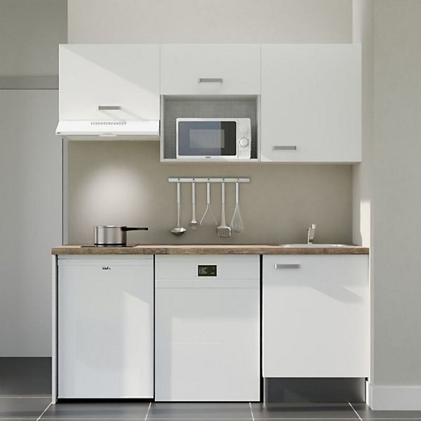 Kitchenette K55 - 180 cm - Façades : Blanc - Plan de travail : Bois - Crédences : Non - Evier