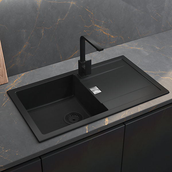 évier de cuisine en composite de quartz noir 1 bac à encastrer GoodHome Hawking   égouttoir