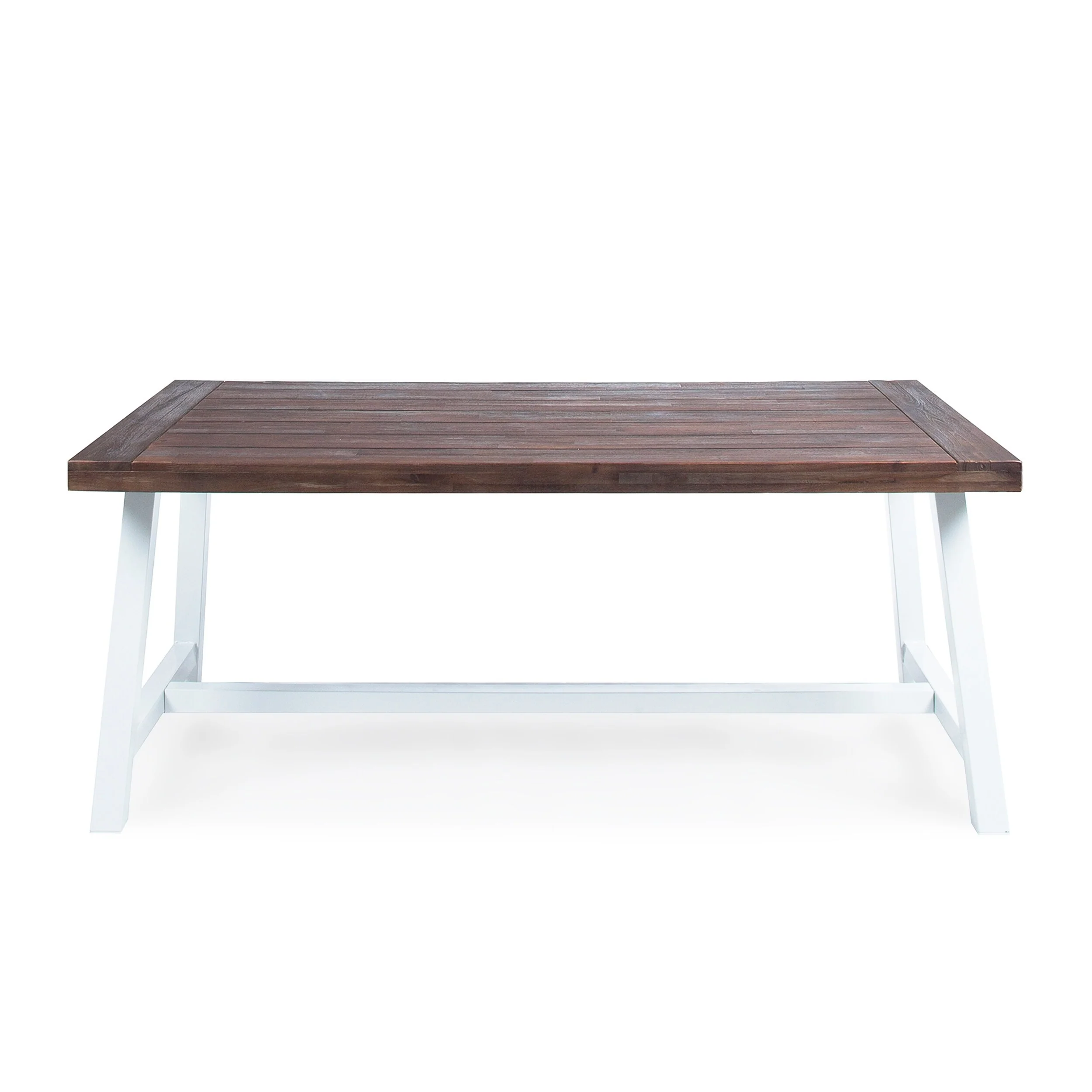 Nikay Outdoor Dining Table, Dark Brown Acacia Wood, White Iron, 71 Inch