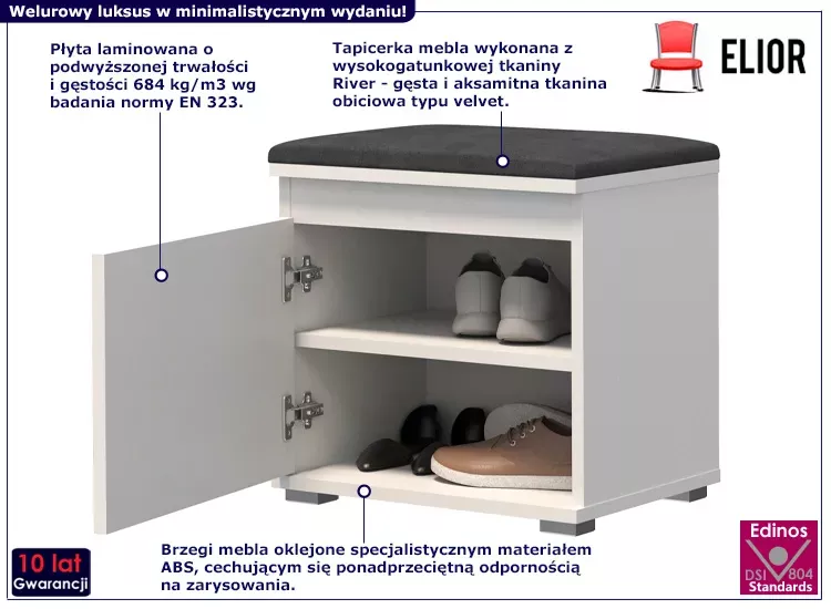 Szafka na buty z welurowym siedziskiem biały   szary - Xyero