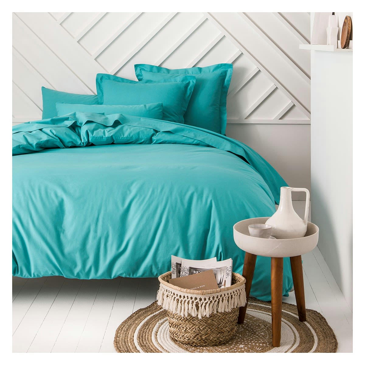 57FILS - Taie d'oreiller uni  en coton bleu 75x75 cm