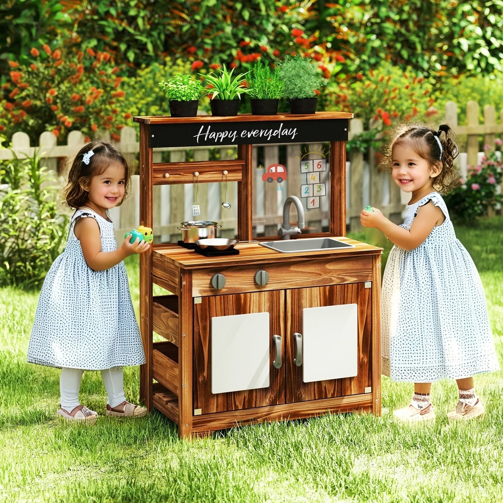 Brown Fir Wood Outdoor Play Kitchen with Sink, Pots, Blackboard and DIY Board - 27 L × 14 W × 38 H
