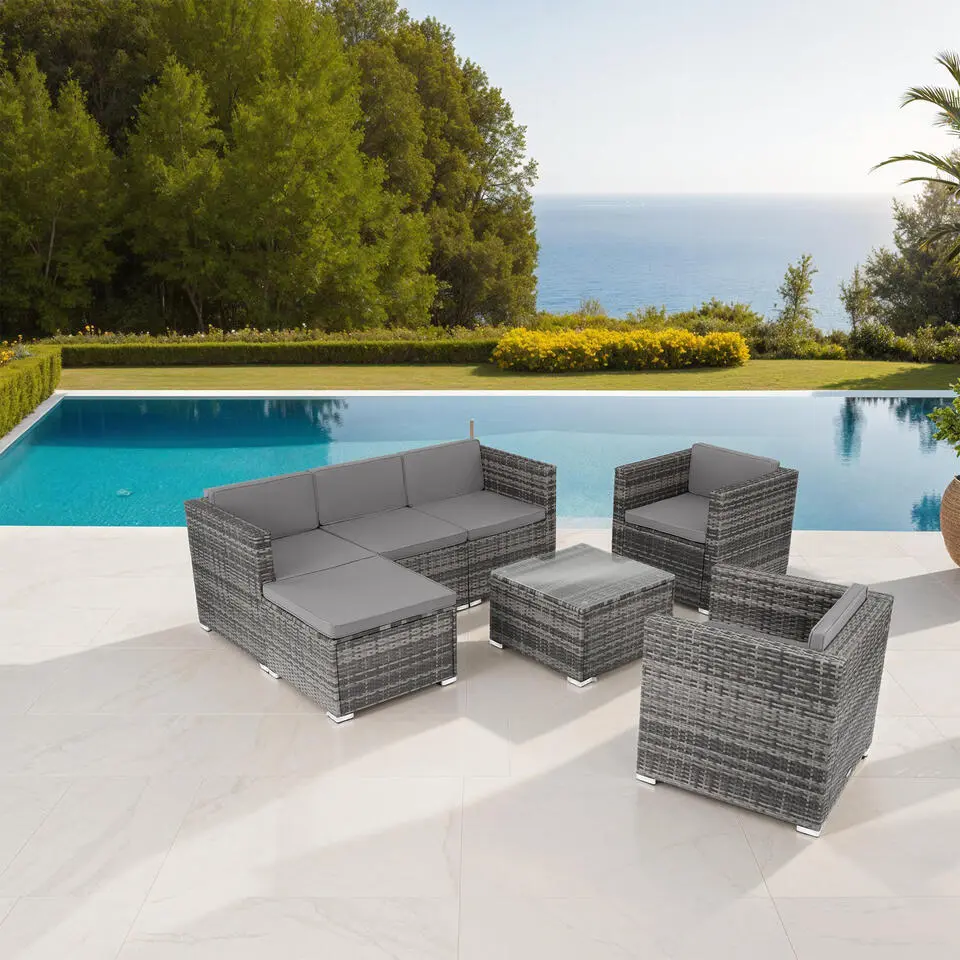 tectake Wicker loungeset Lignano met 2 fauteuils, Grijs