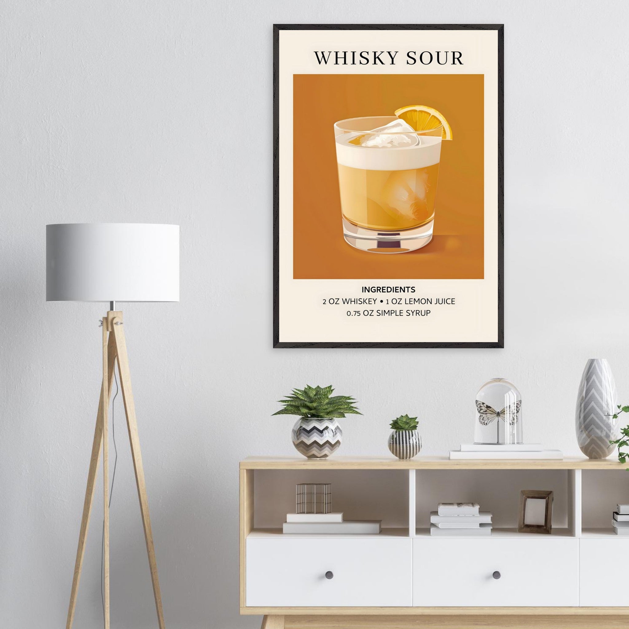 Artfulprints Poster Whisky Sour cocktail - Ingrediënten  - 70x100 cm - Oranje