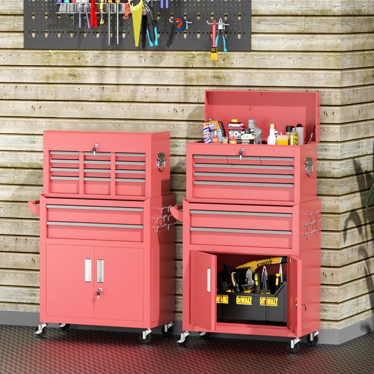 INTERGREAT Tool Chest, Assembled Tool Cabinet with 8 Drawers, Detachable Organized Tool Chests, Lockable Tool Cabinet for Workshop, Warehouse, Mechanics Garage (Pink)