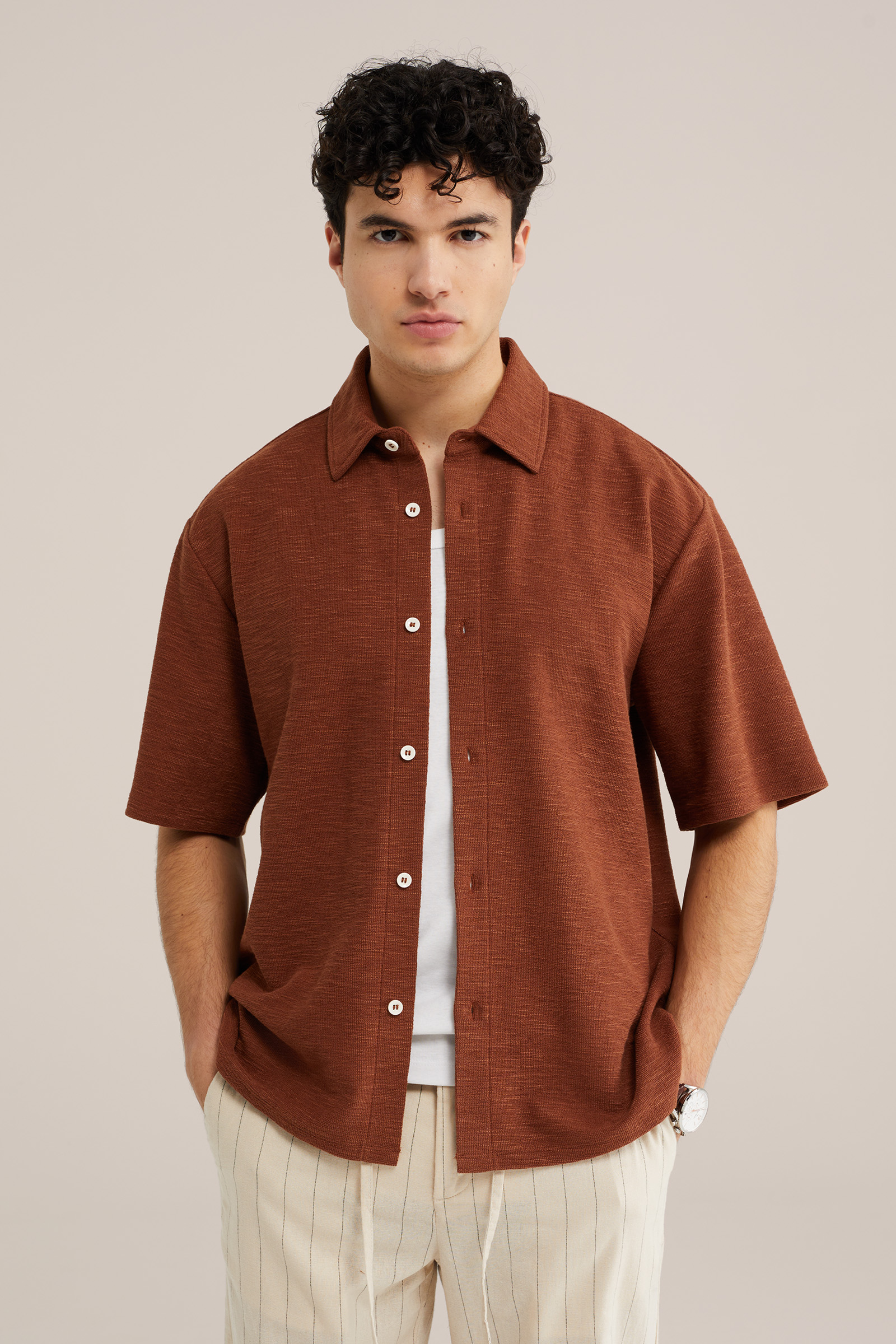 Heren relaxed fit gebreid overhemd