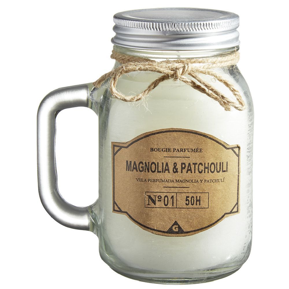 Bougie blanche dans mug en verre avec couvercle - Senteur magnolia patchouli