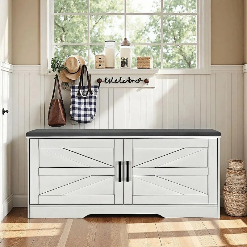 Farmhouse Shoe Storage Bench, 2 Tier Shoe Bench with Padded Seat Cushion & 2 Barn Doors& 2 Adjustable Shelves