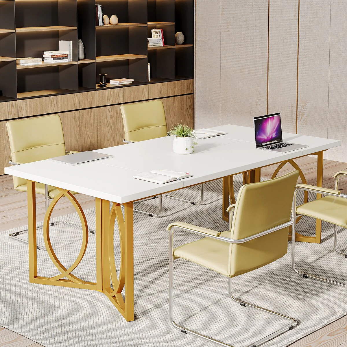 70.9 inches Wood Conference Table with Metal Frame for Meeting Room, Office, White and Gold