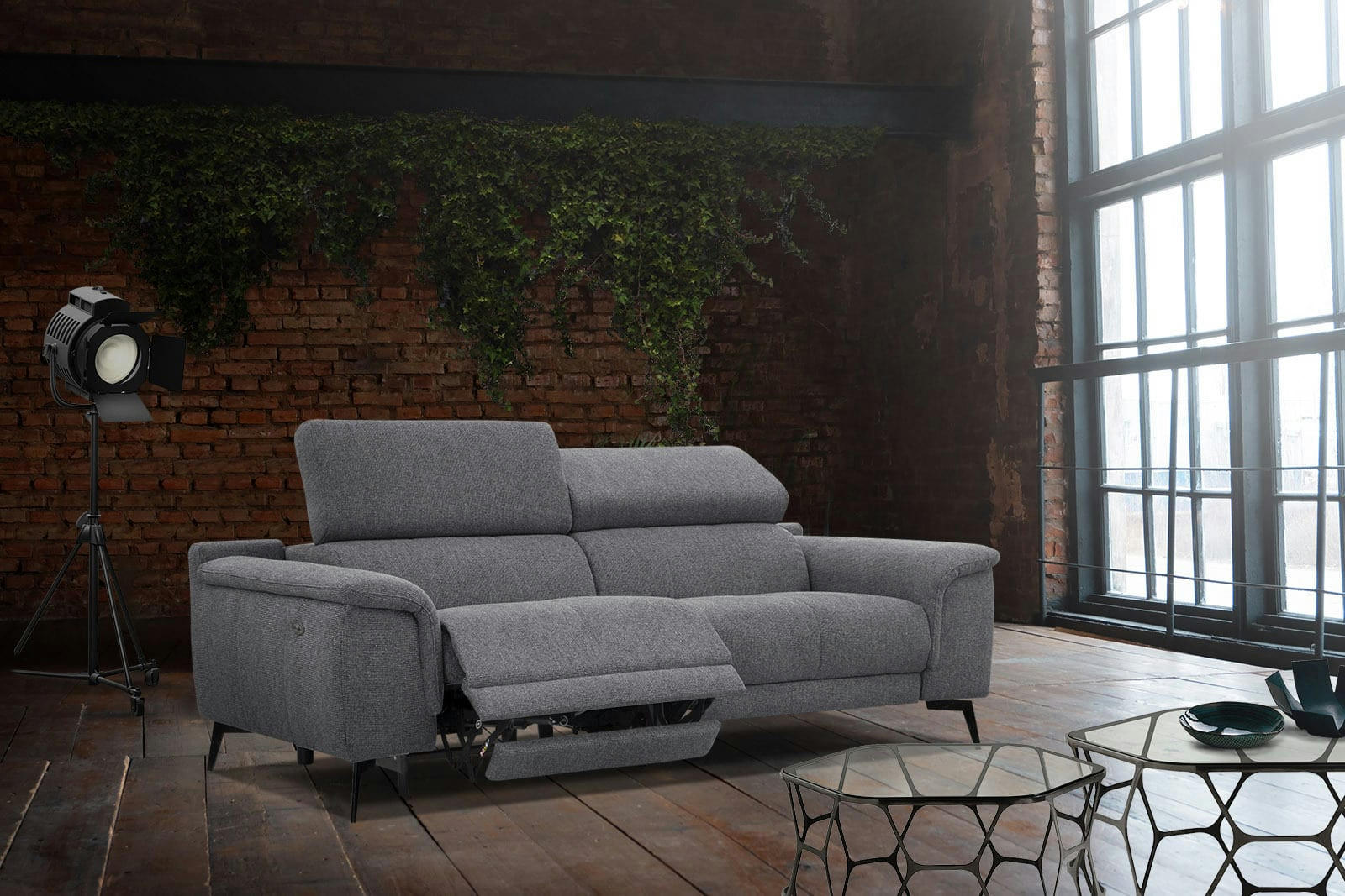 FIERO - Canapé droit 3 places XXL avec relax électrique côté gauche tissu gris