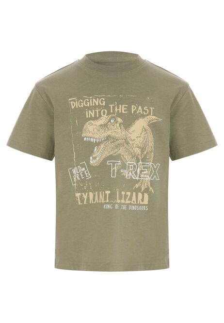 Younger Boys Khaki Cotton Dinosaur T-Shirt