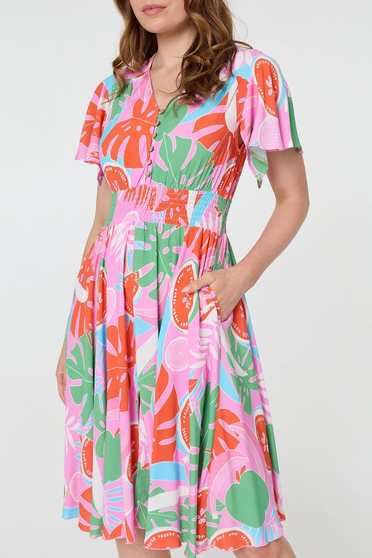 Izabel London Abstract Shirred Knee Length Dress
