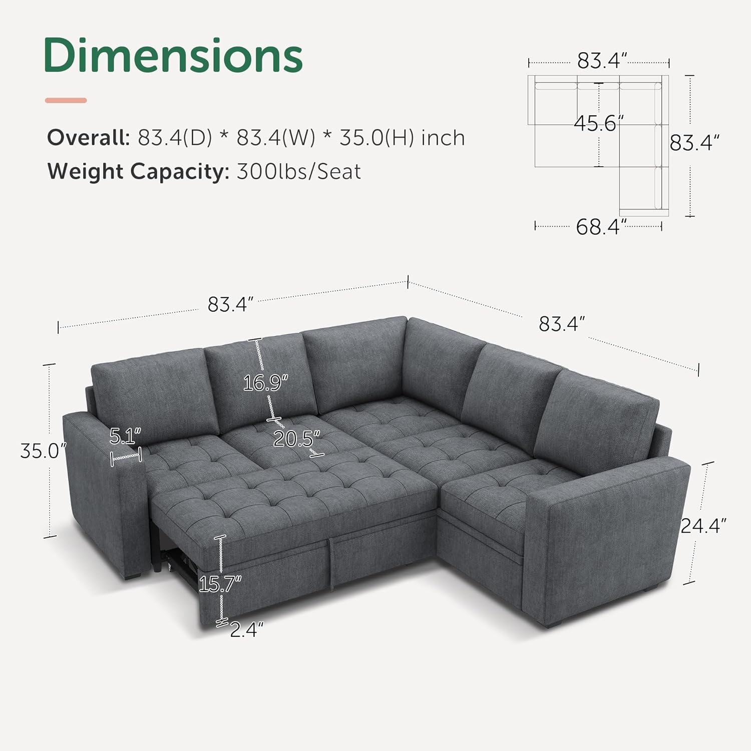HONBAY Modular Sectional Sleeper Sofa with Pull Out Couch Bed, L Shaped Couch with Storage Seat, Sectional Couches for Living Room,Bluish Grey
