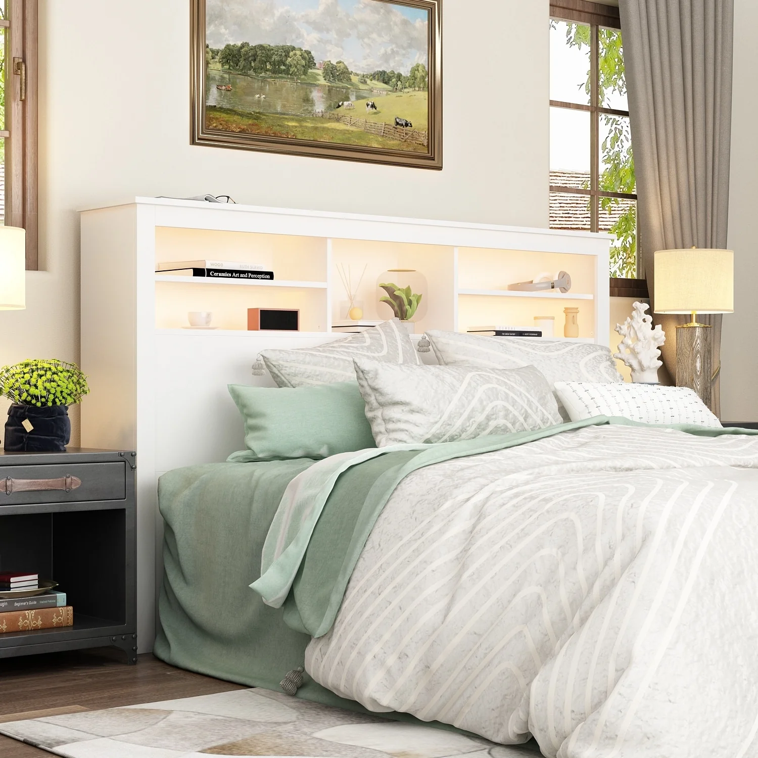 65W Timechee Wooden Bookcase Headboard With Light