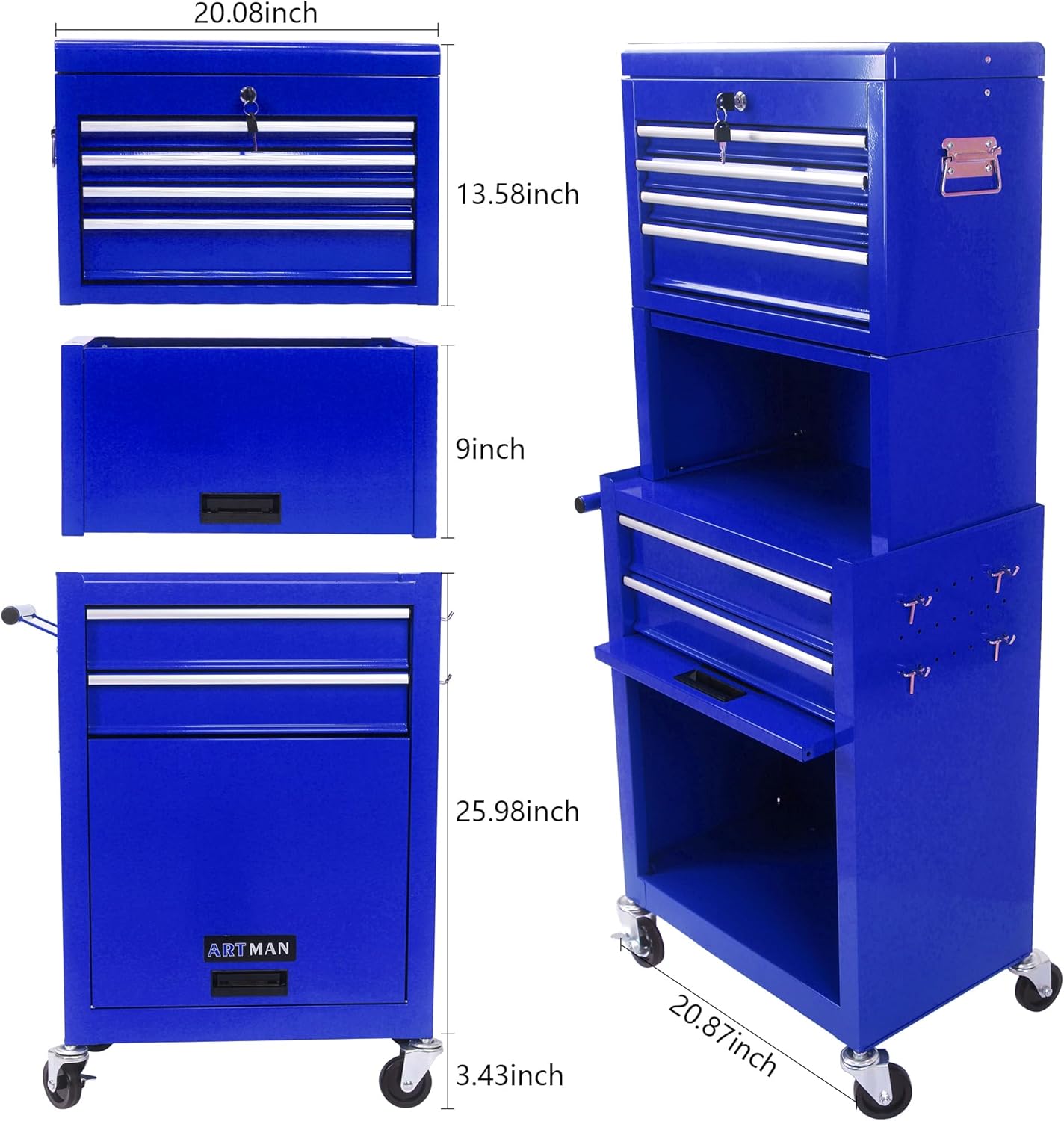 RYH 6 Drawers Rolling Tool Chest & Tool Box on Wheels | Heavy Duty Metal Cart with Ball Bearing Drawers | Fits US General Tool Box for Garage Storage(Blue, 6 Drawers 3 in 1/51.99 H × 20.87 W)