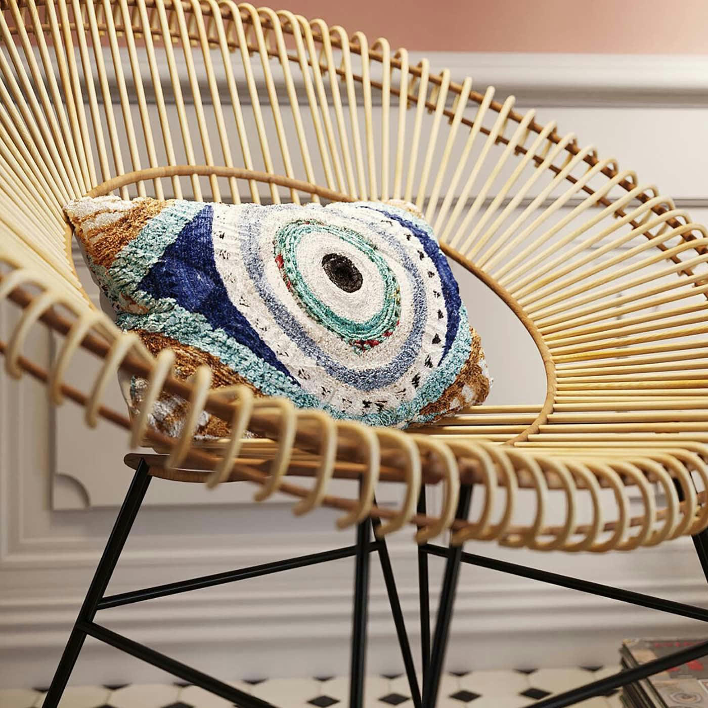 ETHNO EYE - Coussin oeil ethnique blanc, bleu et marron 35x55