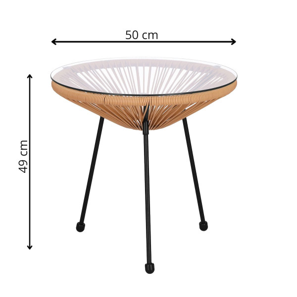 Stół tarasowy, stolik kawowy, rattanowy blat szkło hartowane 50 cm okrągły