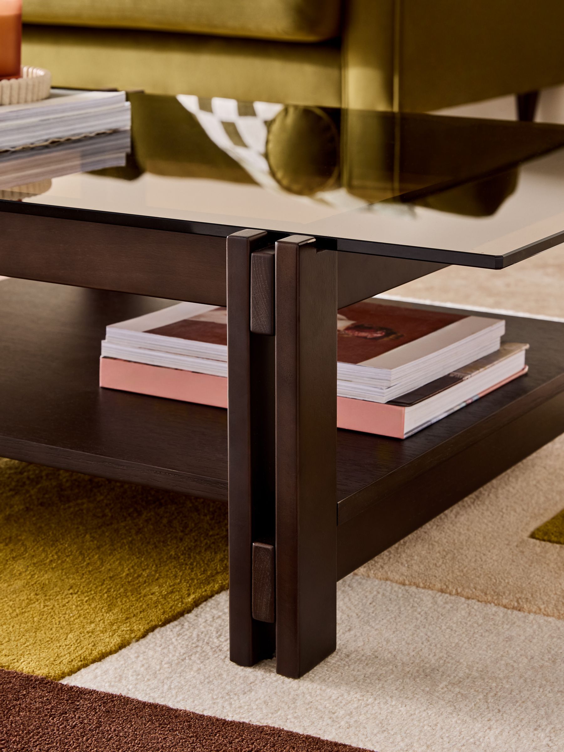 Ellery Glass Rectangular Coffee Table in Dark Stained Oak
