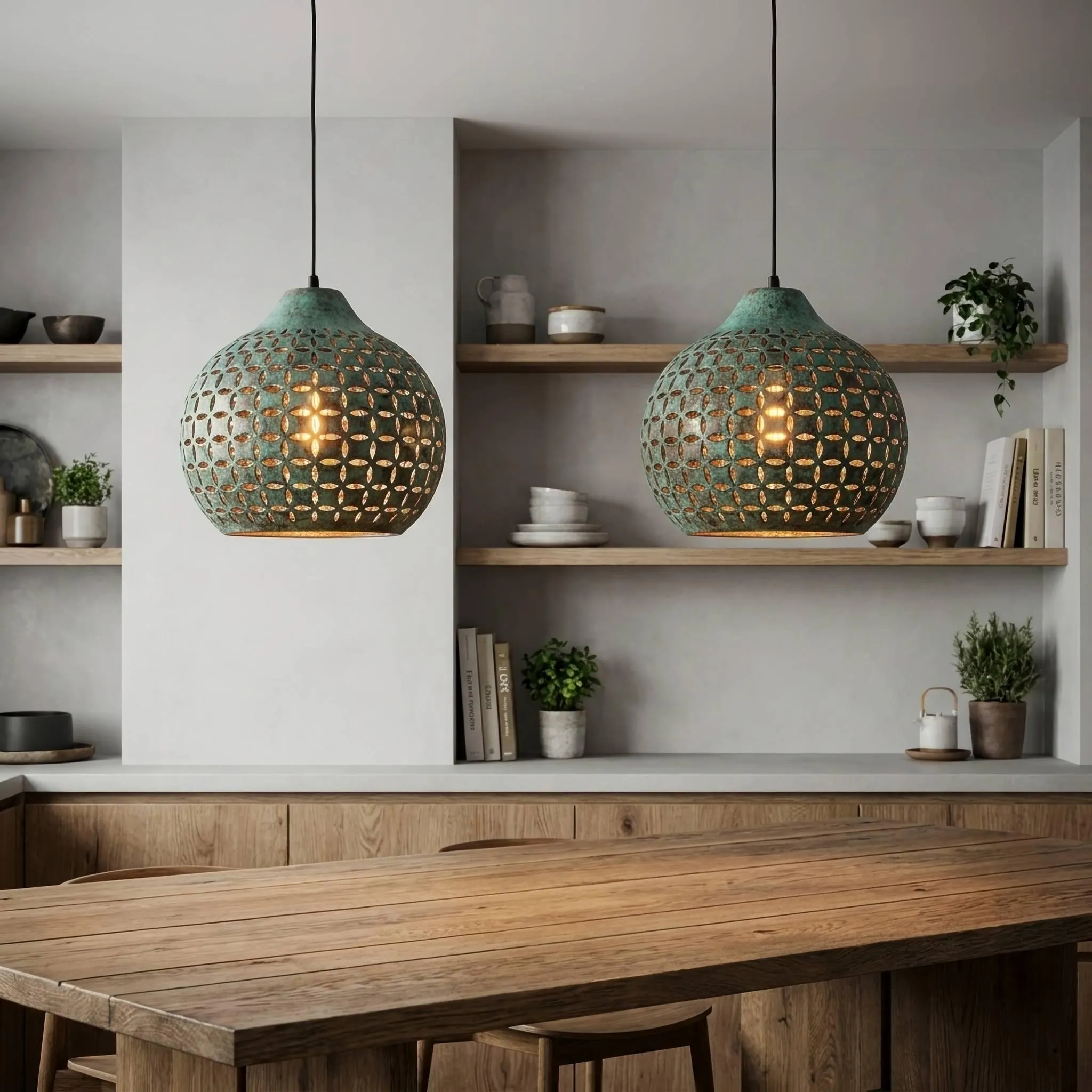 Large Emerald Verdigris Copper Hanging Lamp - Artisan Pendant Lighting for Kitchen & Living Room - Unique Handcrafted Moroccan Decor