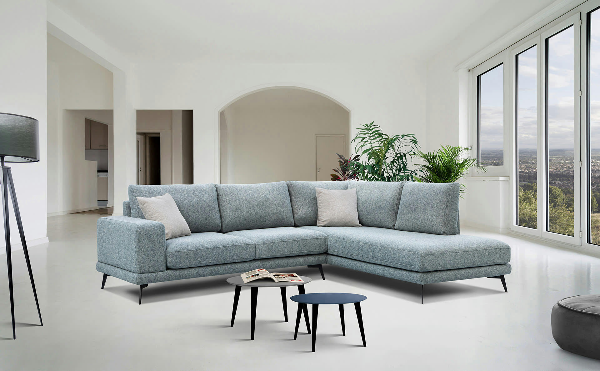 MEDIOLANE - Canapé d'angle droit 5 places tissu bleu clair