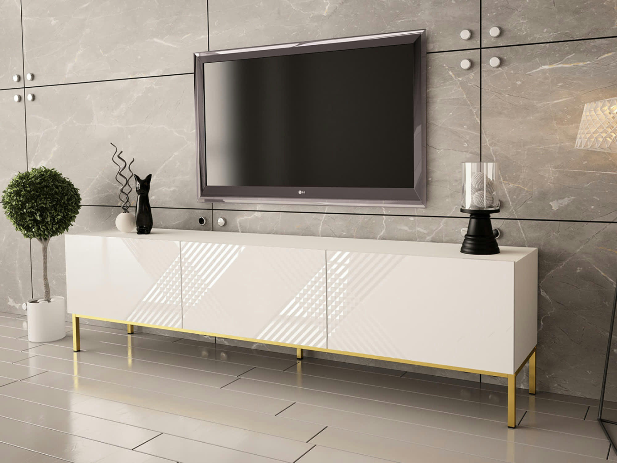 CELESTE - Meuble TV style contemporain 190 cm blanc / doré