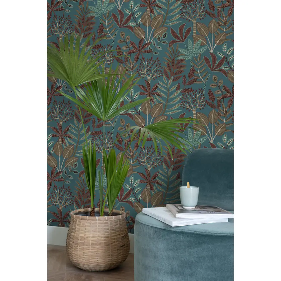 ESTAhome behang bladeren petrolblauw - 50 x 900 cm