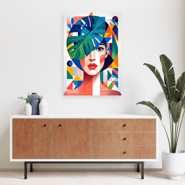Obraz do salonu sypialni, Kobieta liście monstera w stylu Bauhaus 20x30