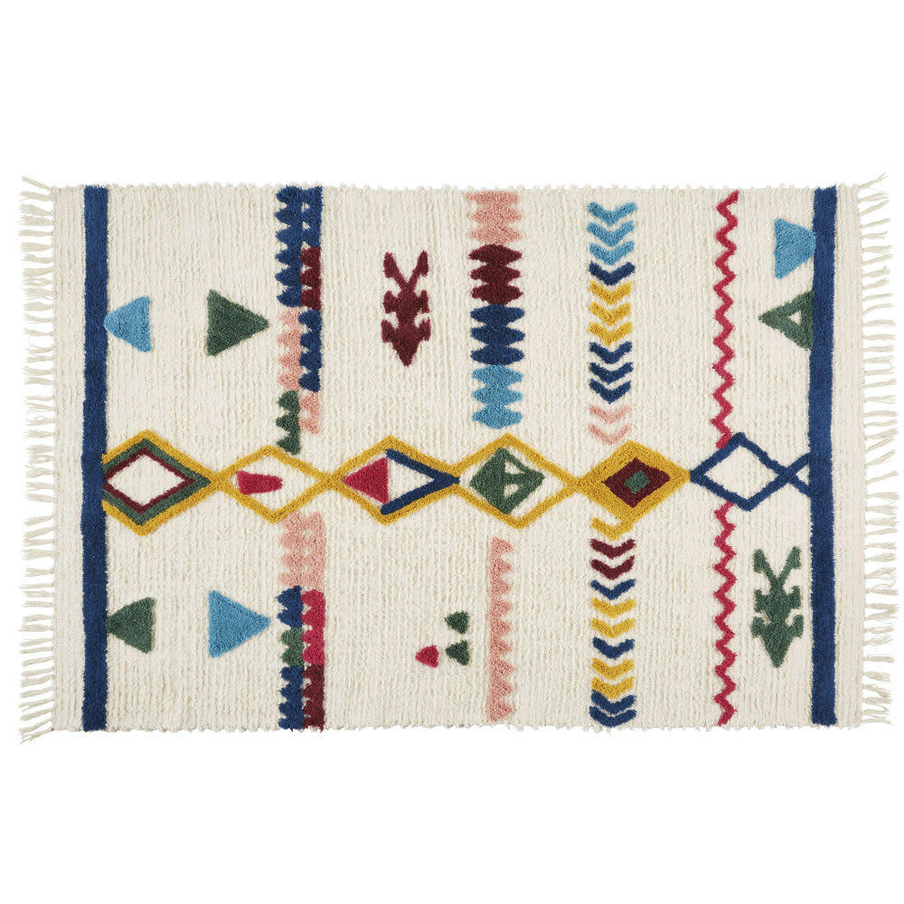 MAREDINA - Tapis tufté style berbère en coton recyclé et laine écrus motifs multicolores à franges 140x200