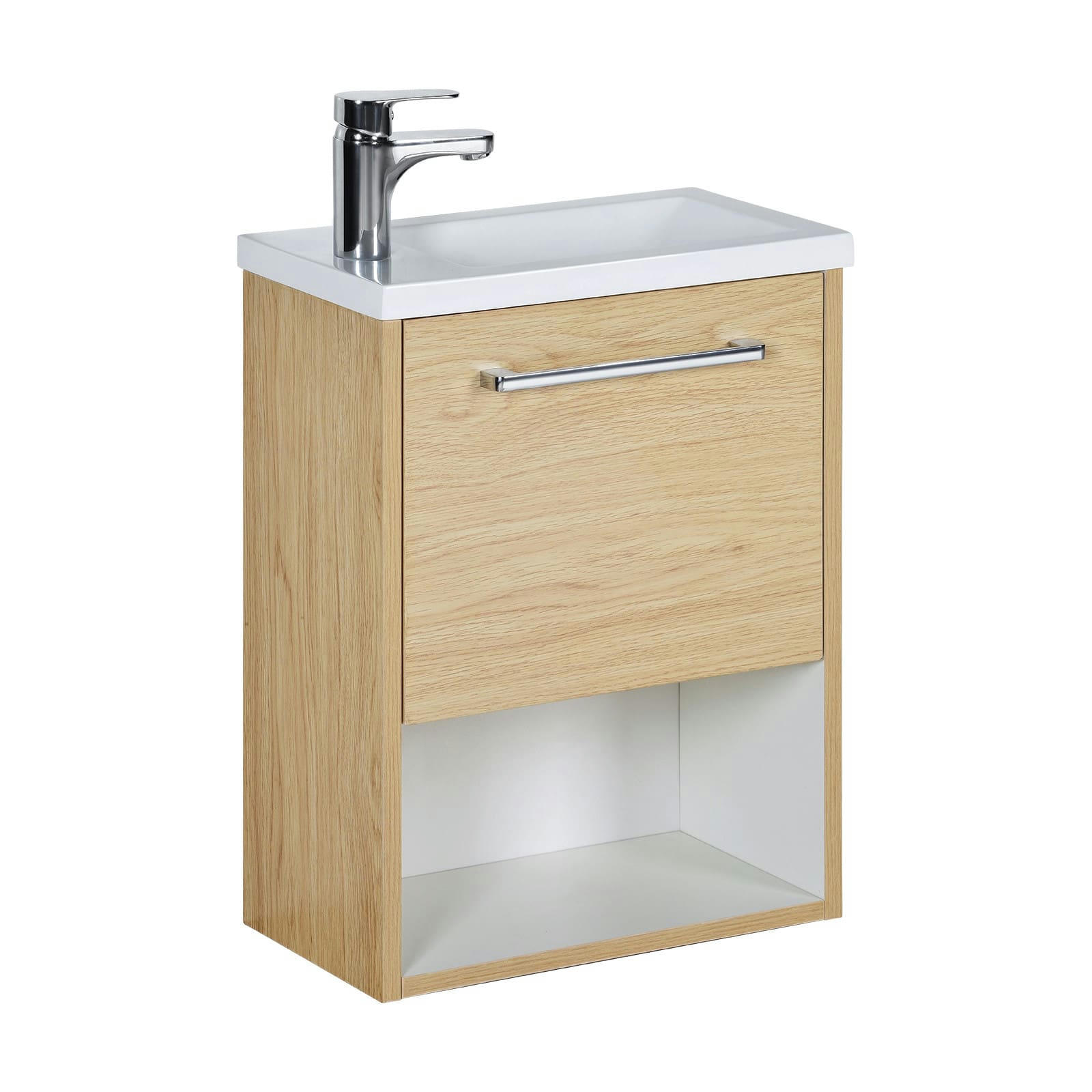 NIKA - Meuble lave-mains  Décor chêne intérieur blanc + robinet chromé