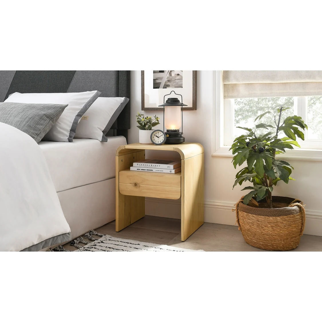 MUSEHOMEINC Modern Solid Wood Nightstand with for Bedroom, Modern Floating End table with One Storage Drawer and Open Shelf