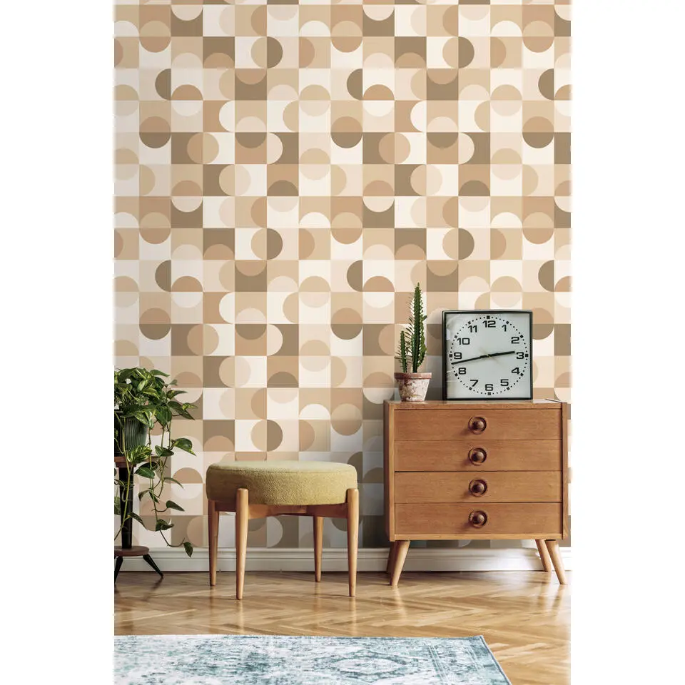 ESTAhome behang cirkels in Bauhaus stijl beige, bruin en wit - 50 x 900 cm
