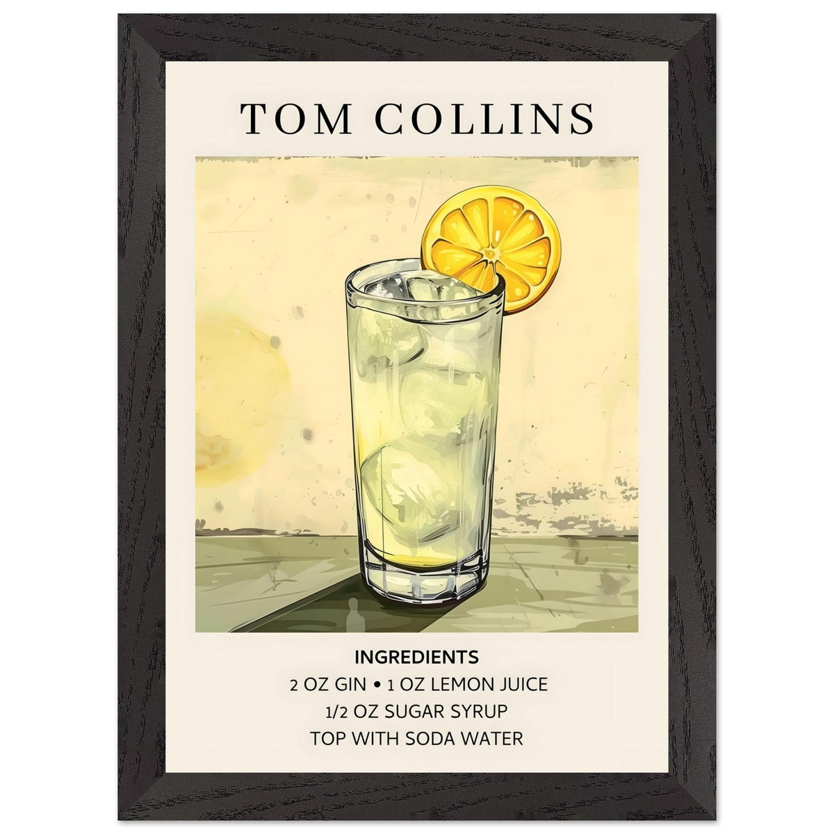 Artfulprints Poster met Lijst Tom Collins cocktail - Ingrediënten  - A4 21x29.7 cm - Groen