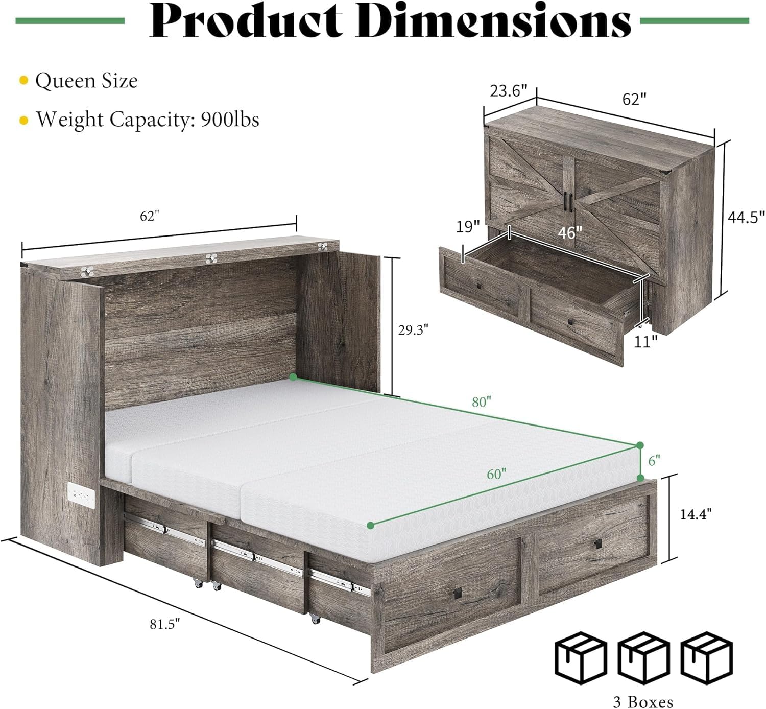 Queen Murphy Bed with 6 White Tri-Fold Memory Foam Mattress, Storage Drawer & Charging Station, Space-Saving Design for Home Office or Guest Room, Rustic Grey