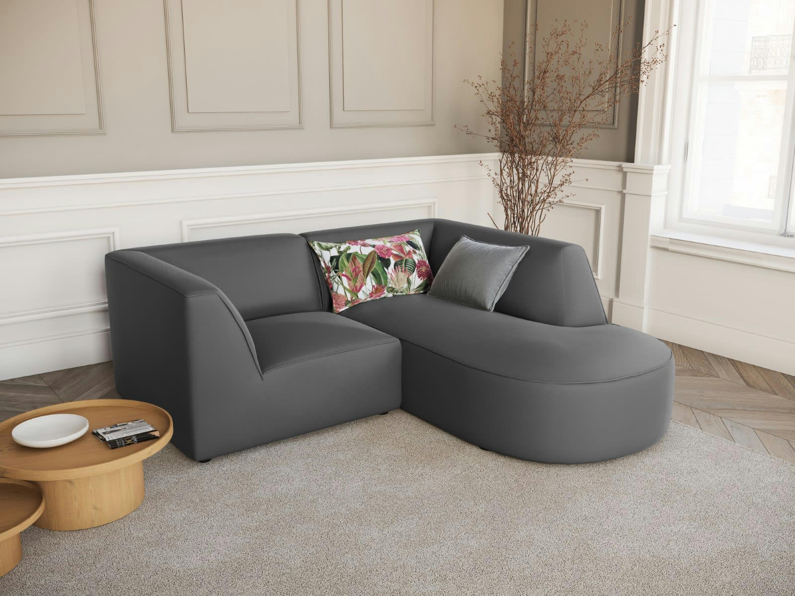 CHARLES - Canapé D'Angle Droit 3 places en Velours Gris Foncé