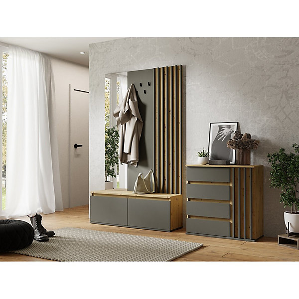 Commode 1 porte et 4 tiroirs - chene et gris - Collection NEMO