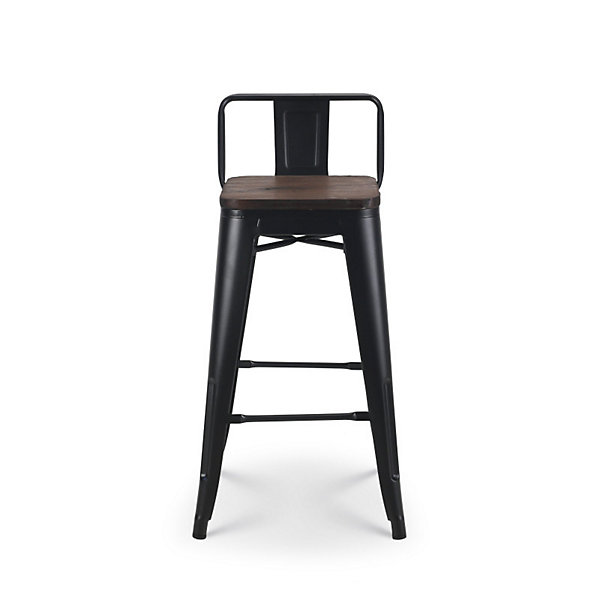 Lot de 4 tabourets de bar en métal noir mat style industriel avec dossier et assise en bois foncé Hauteur 66cm