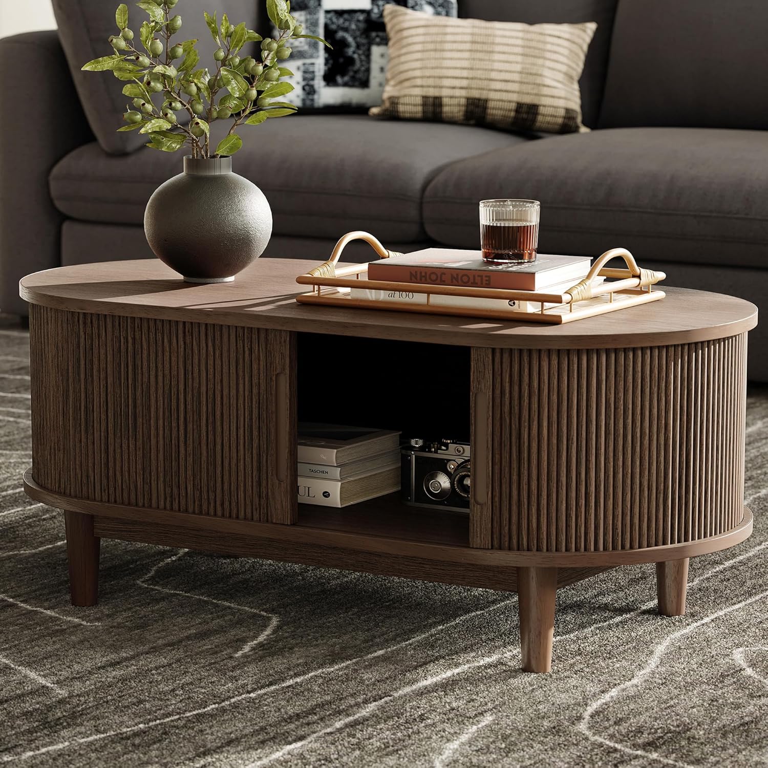 LINSY HOME Oval Coffee Table, Wood Coffee Table with Storage, Fluted Accent Center Table with Sliding Tambour Door, 39 Mid Century Modern Coffee Tables for Living Room, Bedroom, Apartment, Walnut