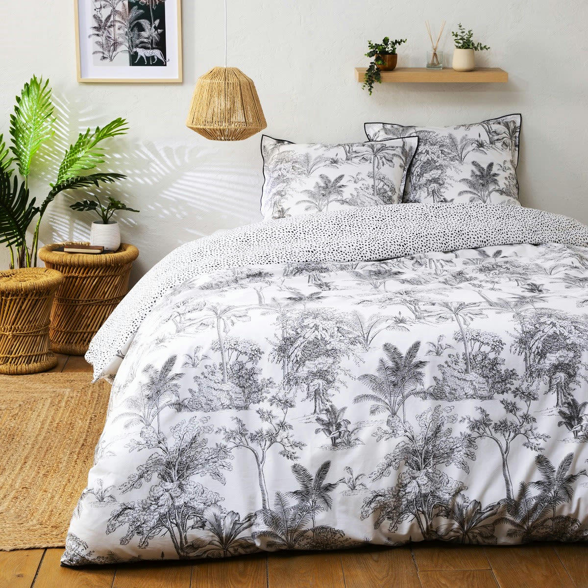 FAUVE - Parure de lit 2 personnes coton  imprimé blanc 240x220cm