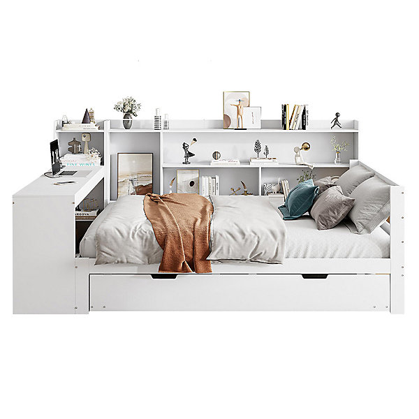 Canapé-lit bois 140x200cm blanc bureau/casiers/prises lit escamotable multifonction