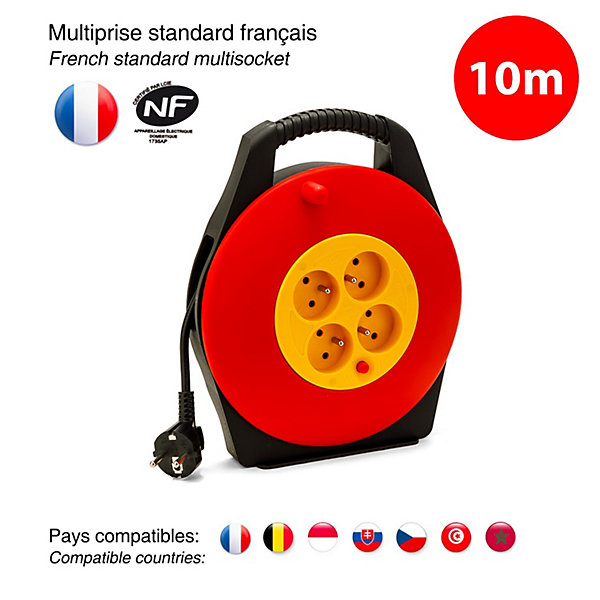 Enrouleur électrique domestique 10m, H05VV-F3G1.0MM2, 4 prises françaises 2P T 16A, NF, CE